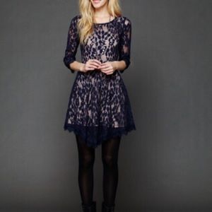 Free People Dark Blue Floral Mesh Lace Mini Dress